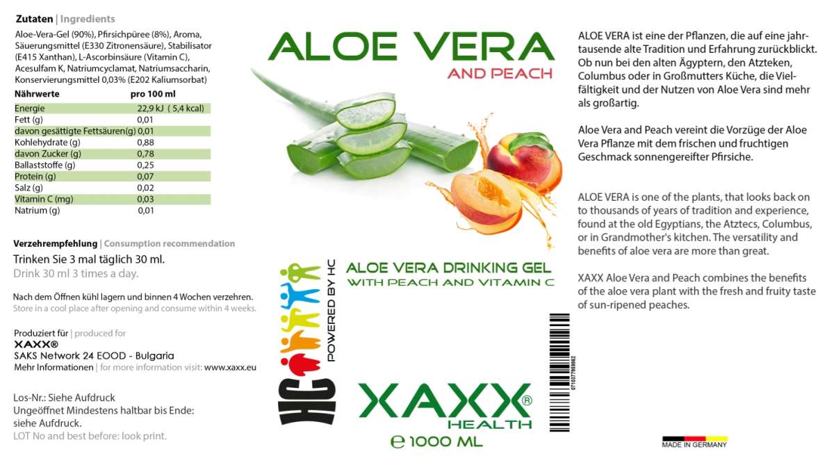 Aloe Vera Drinking Gel mit Pfirsich & Vitamin C | Aloe Vera | Nutrition |  XAXX Official Store